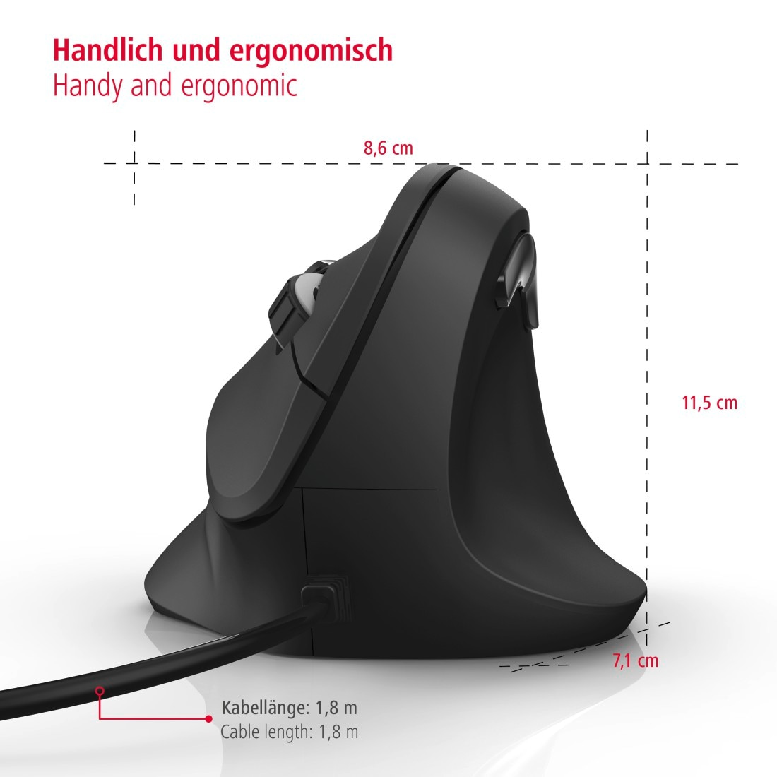 Hama ergonomische Maus »Ergonomische vertikale Maus für PC Laptop, mit Kabel, 1,8 m, Schwarz« USB | kabelgebunden Vorbeugung Tennisarm/Mausarm