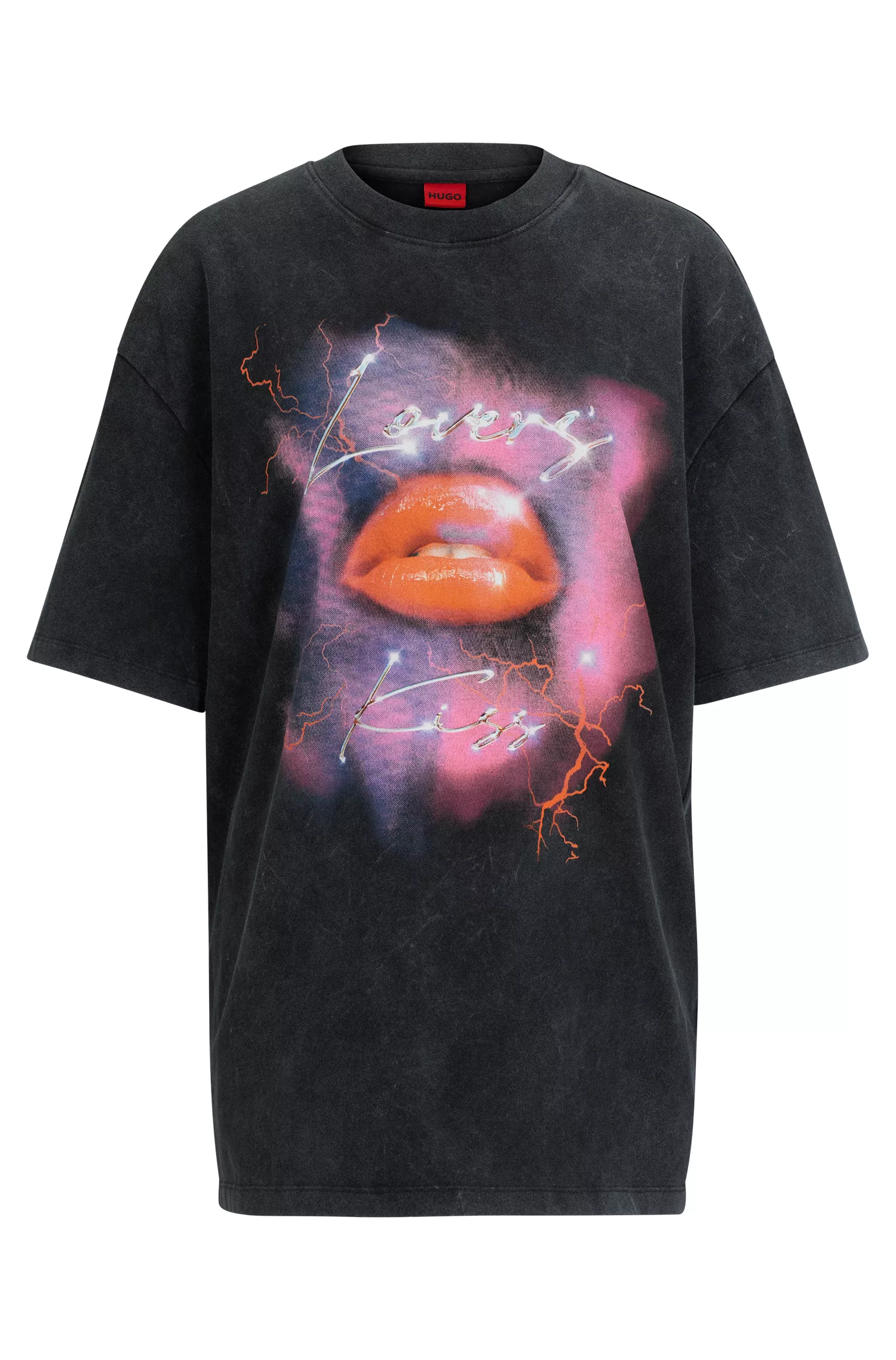 Camiseta HUGO vermelha de modelagem oversized em malha de algodão com estampa sazonal.