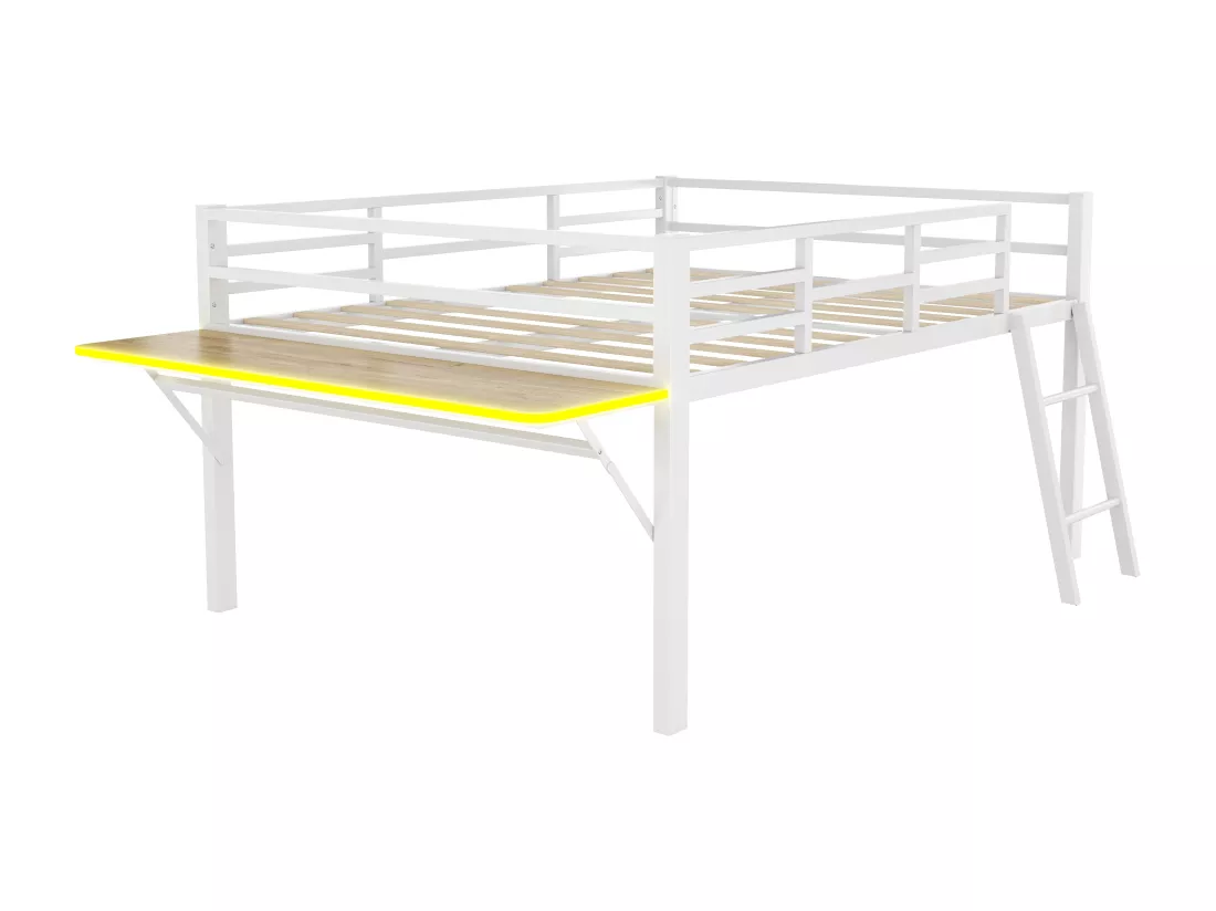 Lit mezzanine 140x200cm en métal avec LED - avec bureau abattant et sommier à lattes - Blanc