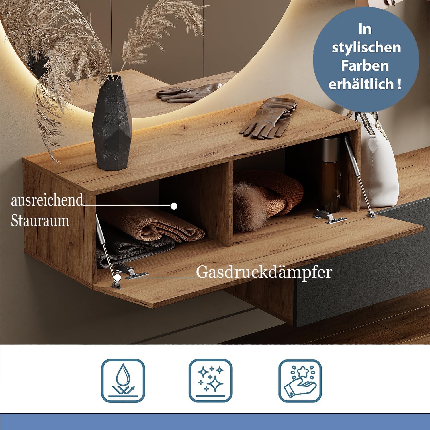 Planetmöbel Flur Möbel Garderobe Hängeschrank 2X 100 cm Gold Eiche, Kompaktgarderobe mit Klappe als Stauraum, Wandgarderobe hängend oder stehend, 37,8T x 100B x 32,5H cm
