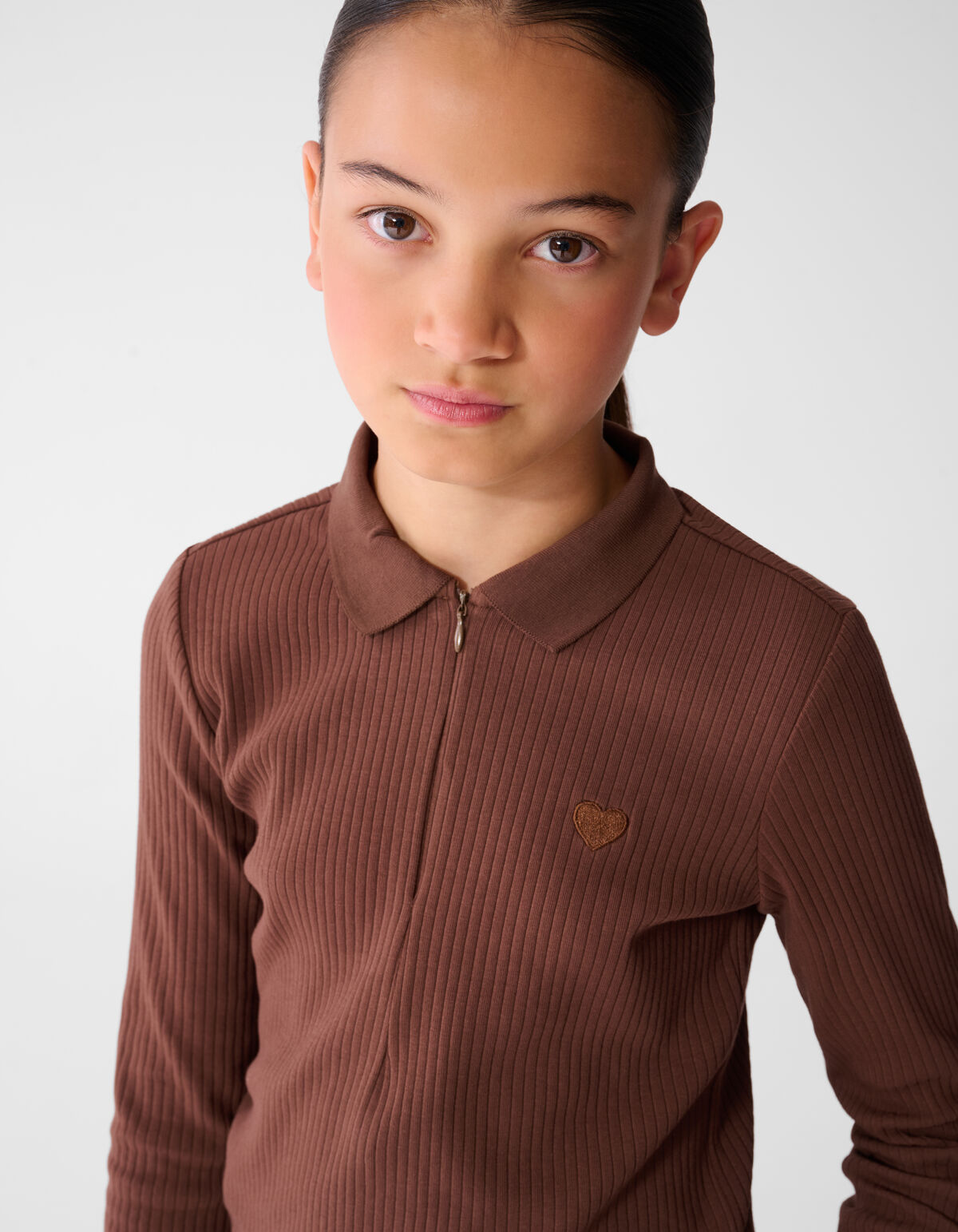 Collar Zip Longsleeve Top Donkerbruin