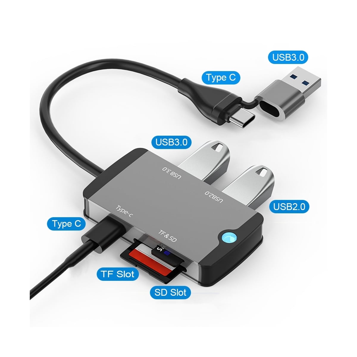 NÖRDIC 1 til 5 USB-dokkingstasjon og kortleser - SD, MicroSD/TF, 2x USB-A, 1xUSB-C