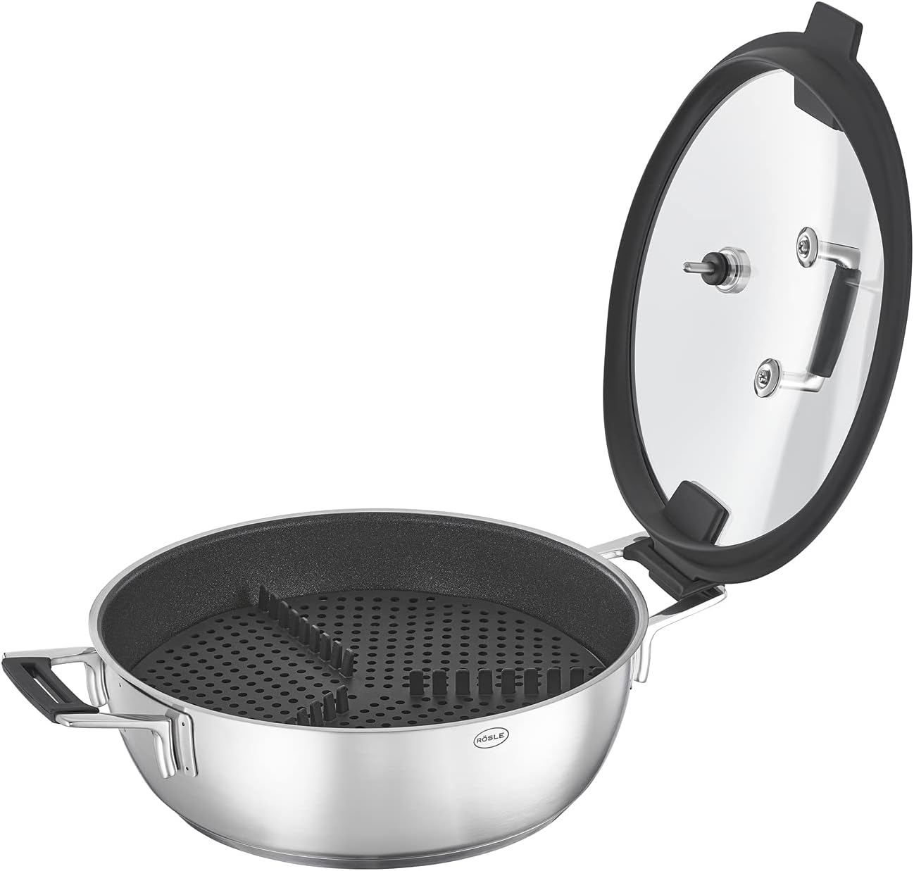 RÖSLE SILENCE PRO Aroma Dampfgarer, Hochwertiger Schmortopf zum Dämpfen, Warmhalten und Aufwärmen inkl. Deckelthermometer und Ablagerost, Edelstahl spülmaschinengeeignet, 28 cm, Silberfarben/Schwarz