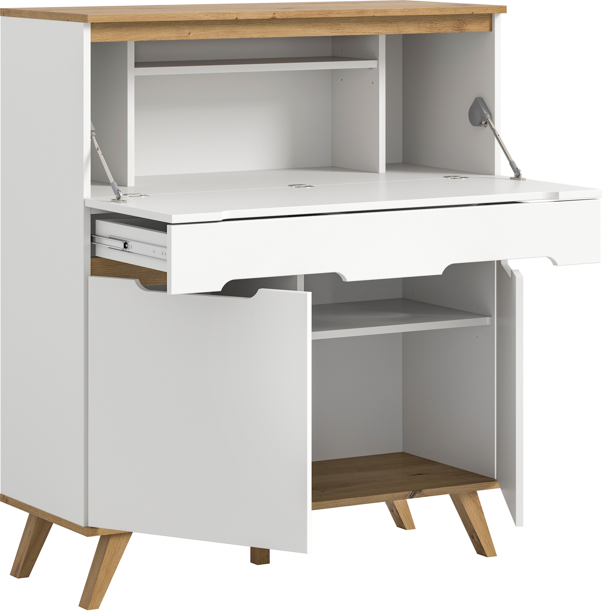 Home affaire Sekretär »Alesund, Höhe 118cm, 2 Türen, 1 Schubkasten,konischer Fuss, Scandi-Look« Anrichte, Schrank, Kommode, Midischrank, Wohnmöbel, Wohnzimmer