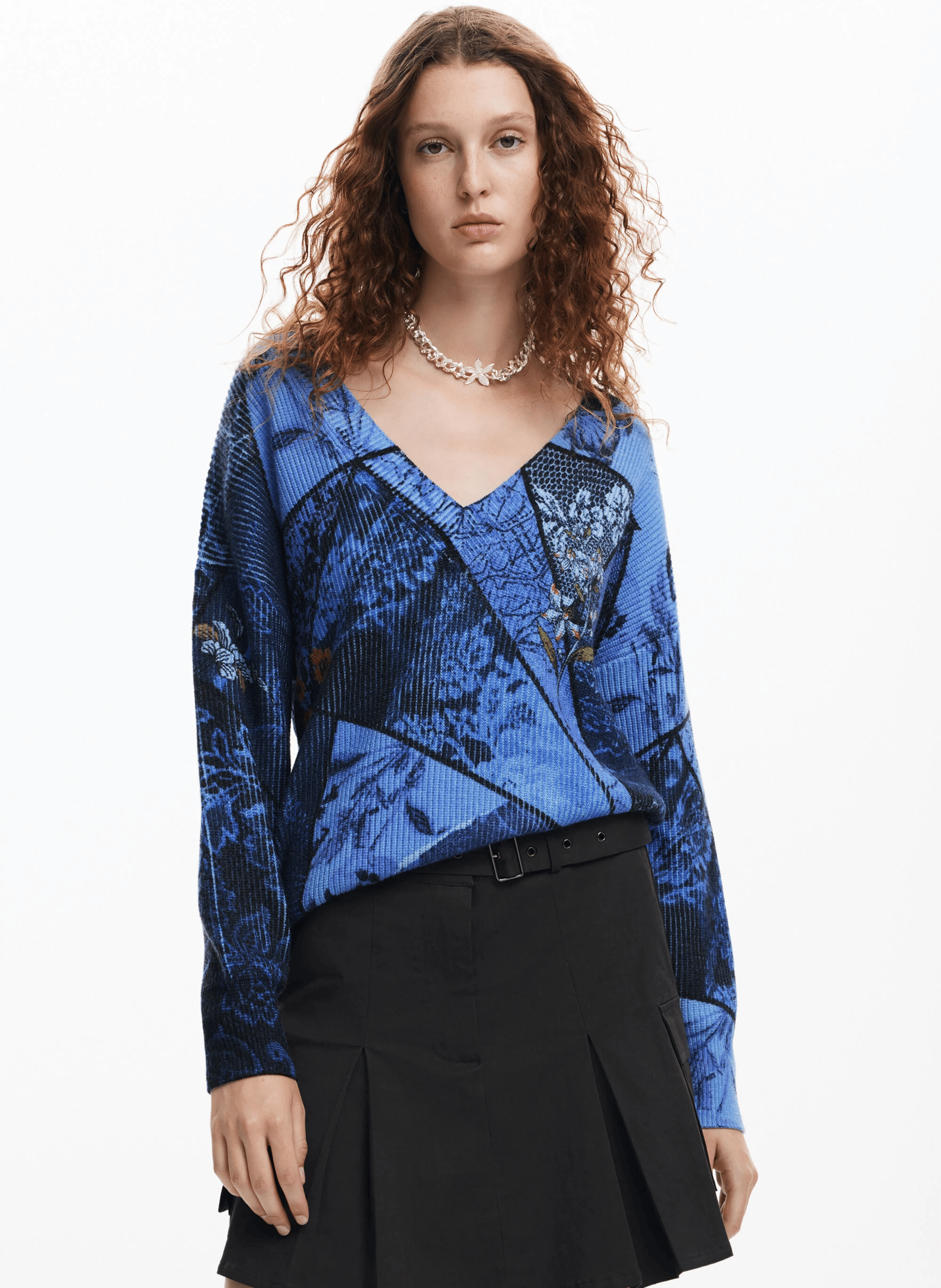 Pull col V imprimé | Bleu