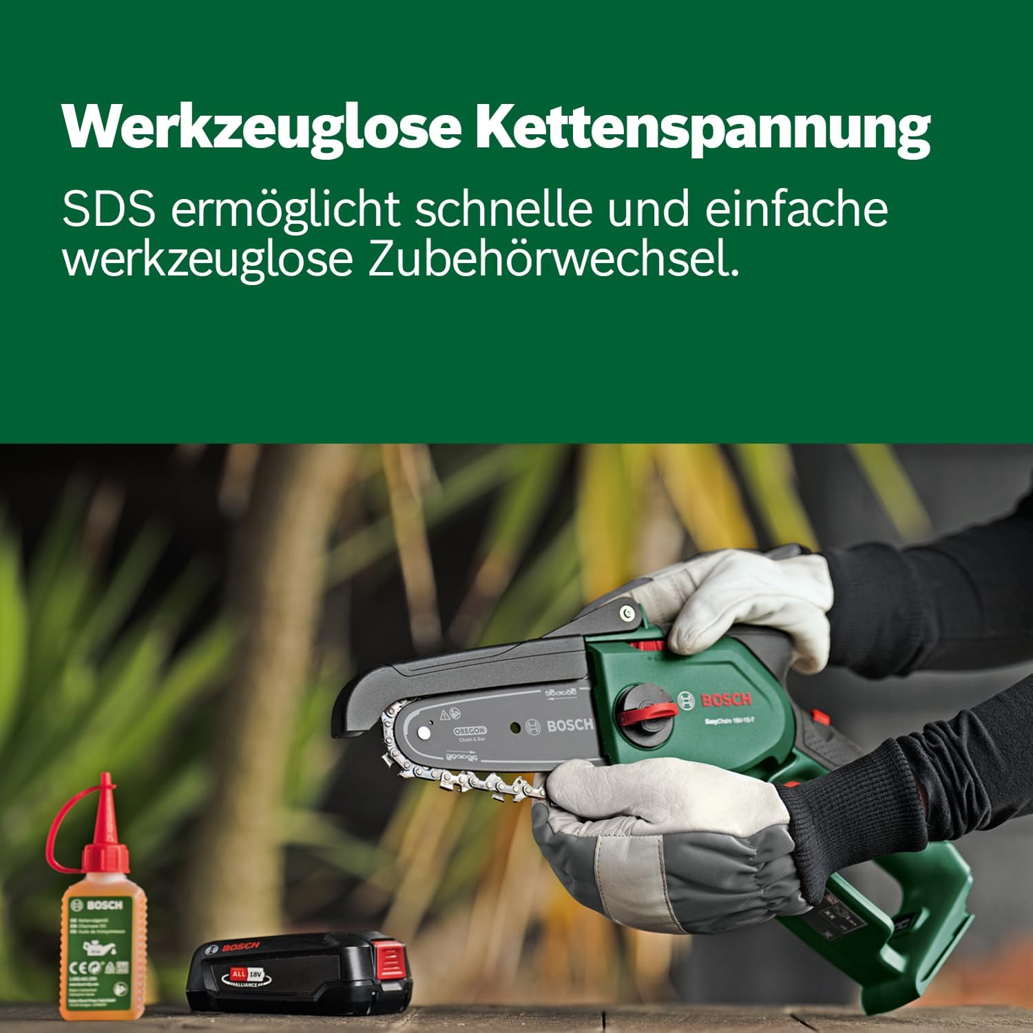Bosch kompakte Mini Kettensäge EasyChain 18V-15-7 (Zum Schneiden von Holz; 18 Volt System; Kettengeschwindigkeit: 6,95 m/s; ohne Akku)