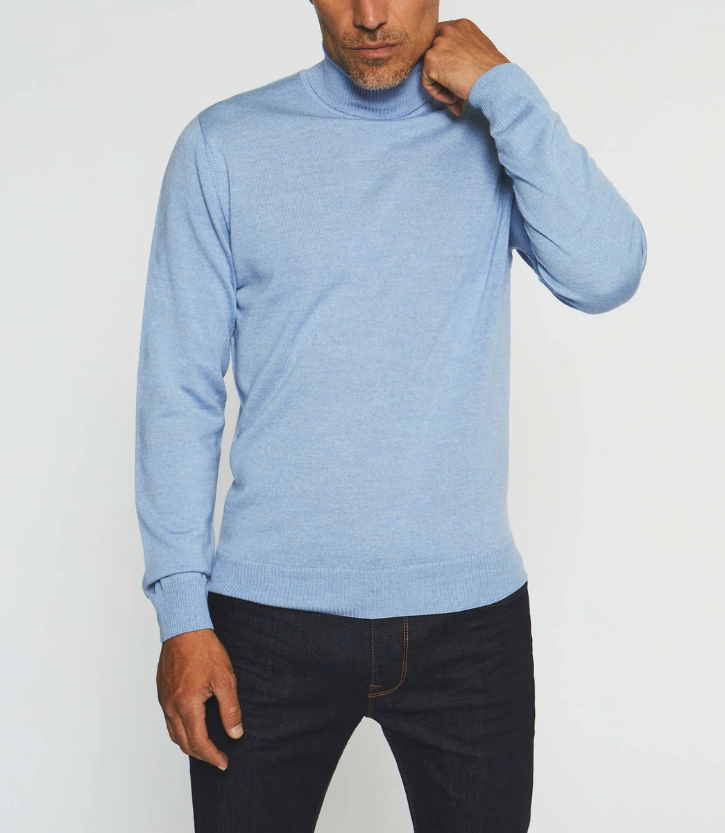 Pull col roulé en laine mérinos bleu ciel BRUNO