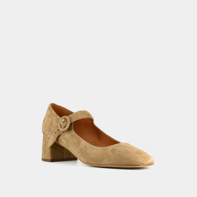 Salomés à talons et bouts carrés  en velours beige