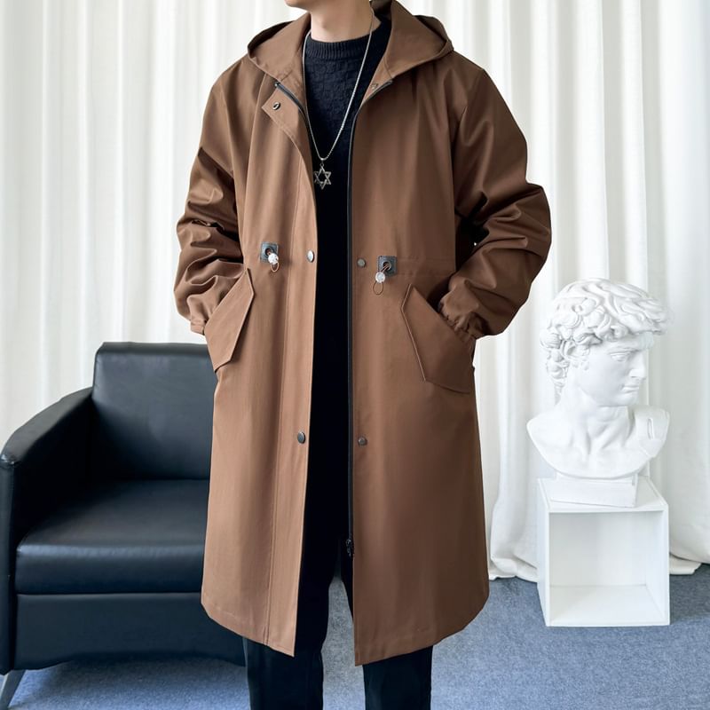 FORSETI - Lange trenchcoat met capuchon, trekkoord in de taille en ritssluiting