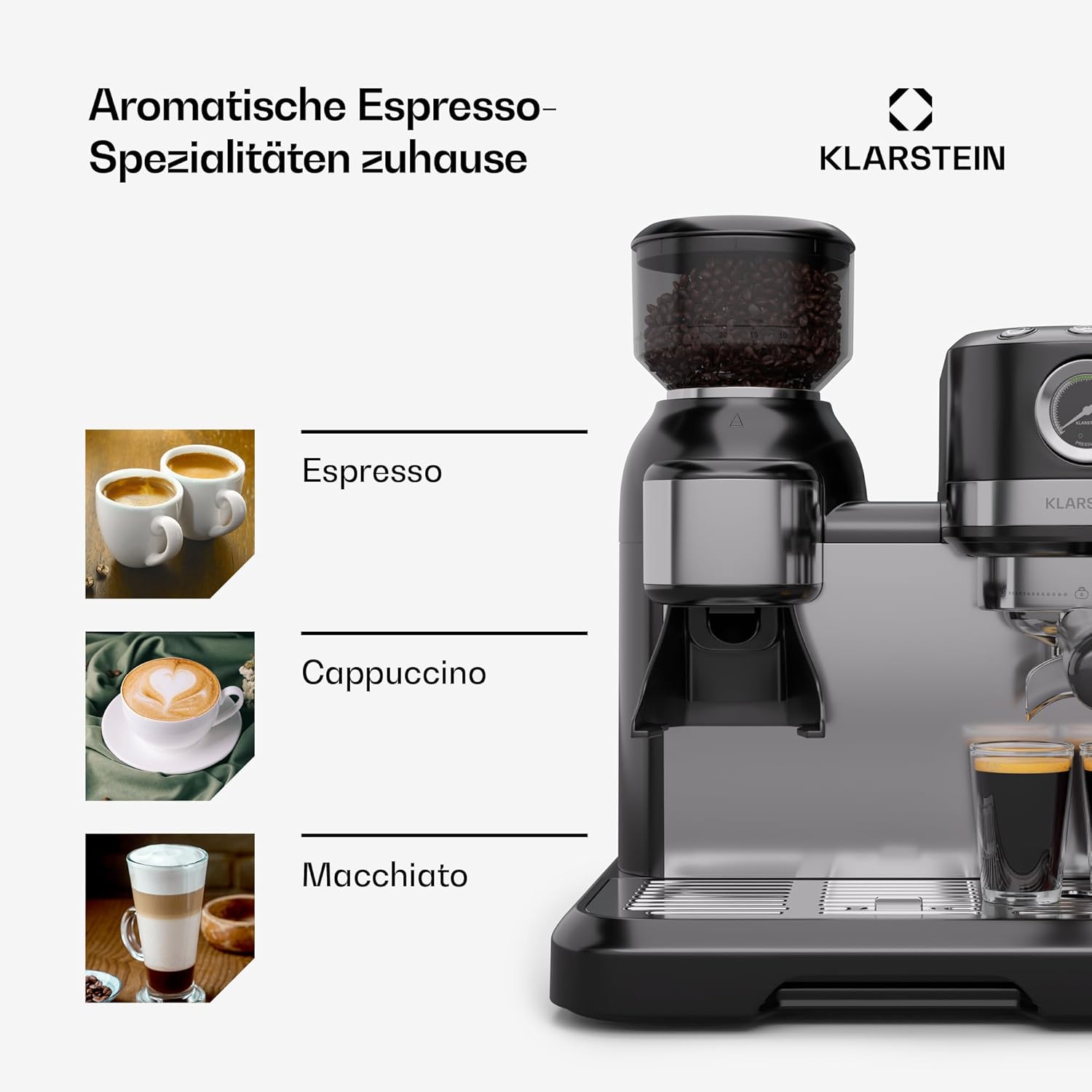 Klarstein Bella Café Siebträgermaschine Mit Mahlwerk – 19 Bar, 1.550 W, 1,4-l-Wassertank, Integriertes Kegelmahlwerk, Milchaufschäumer, 2 Tasseneinsätze, Thermo-Block, Schwarz