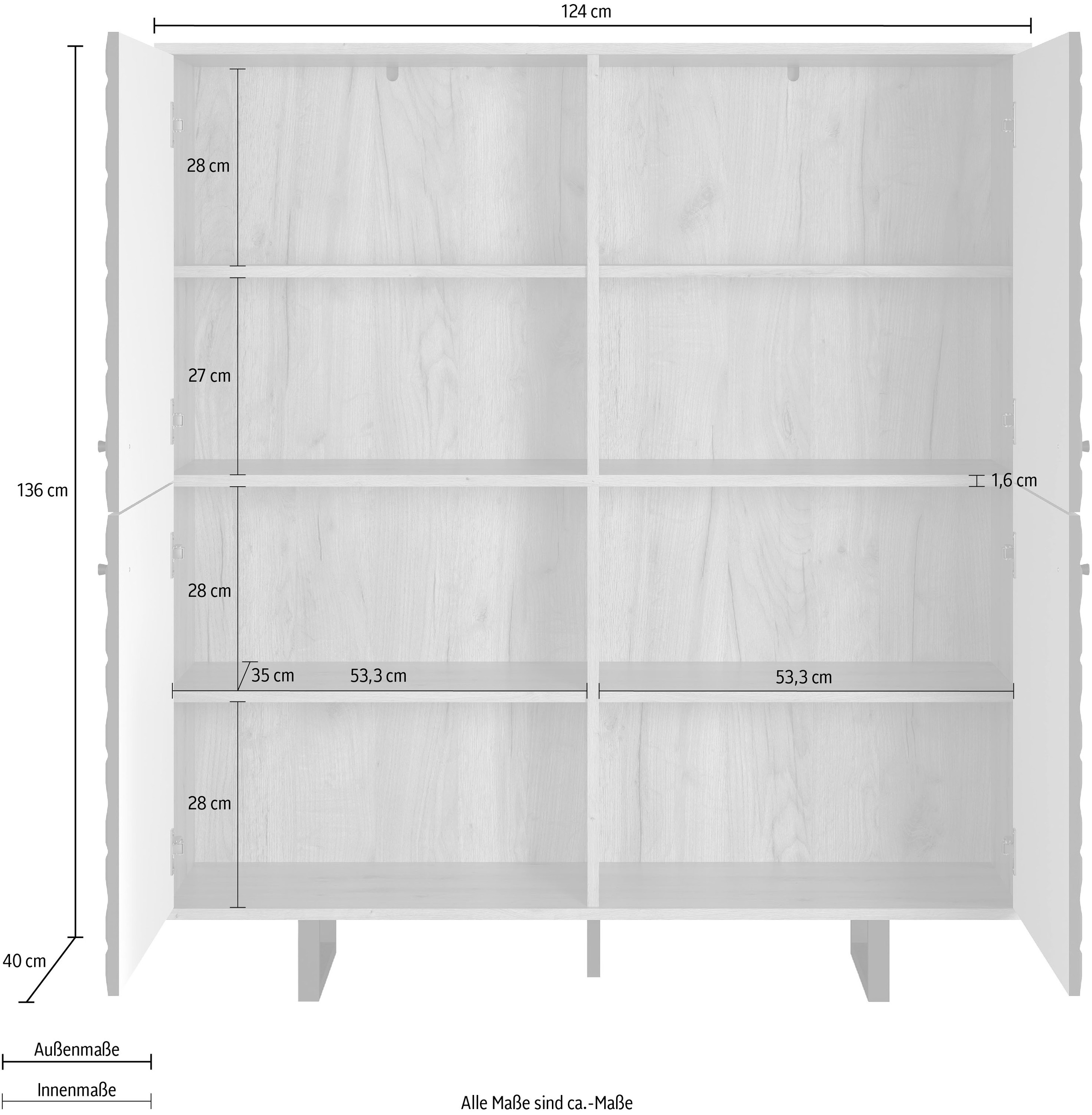 PLACES OF STYLE Highboard »Ferretti« Sideboard mit besonderer Fräsung - Füsse und Griffe aus Metall