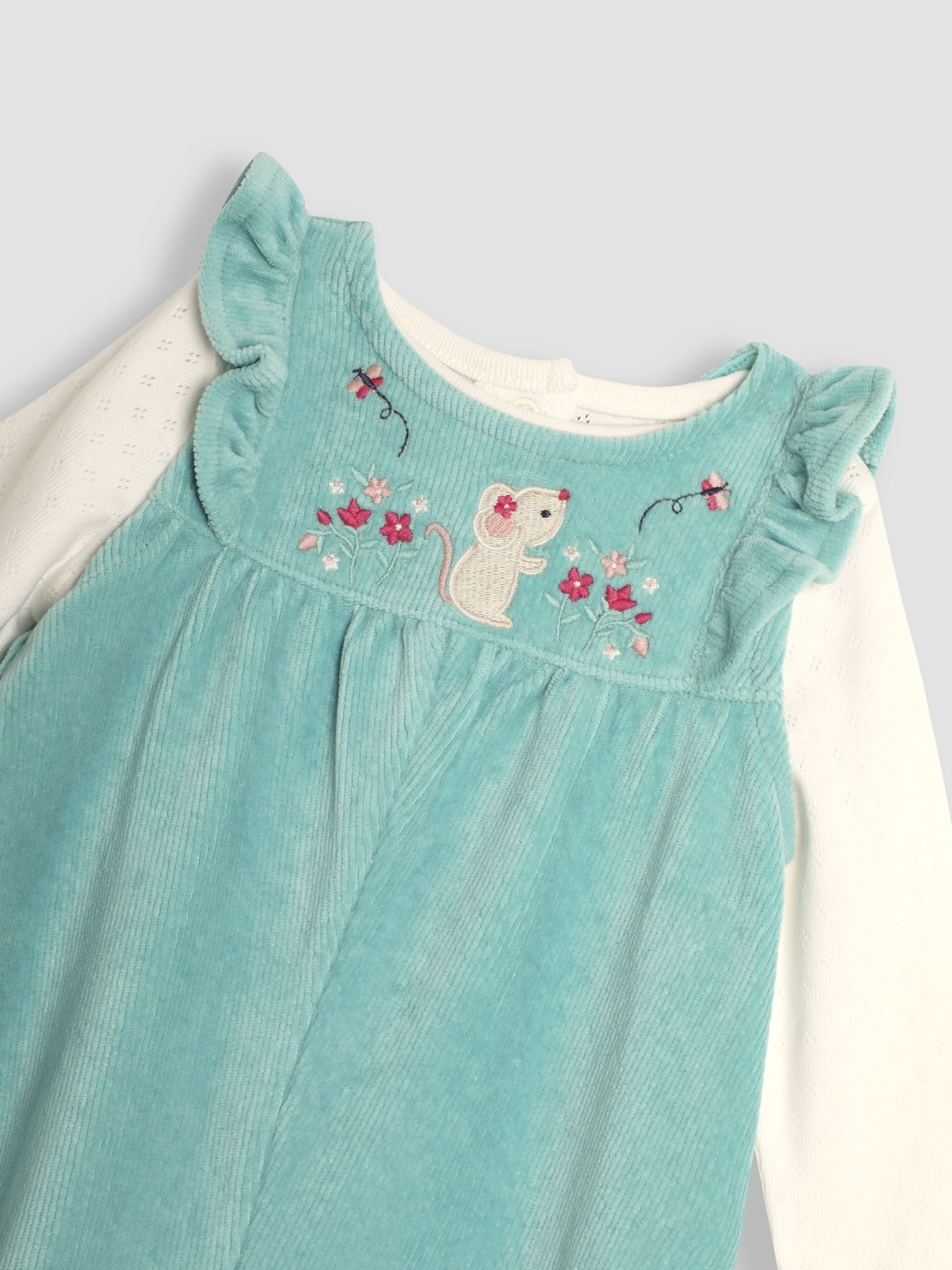 JoJo Maman Bébé Mouse Appliqué Velour Dungarees and Top Set