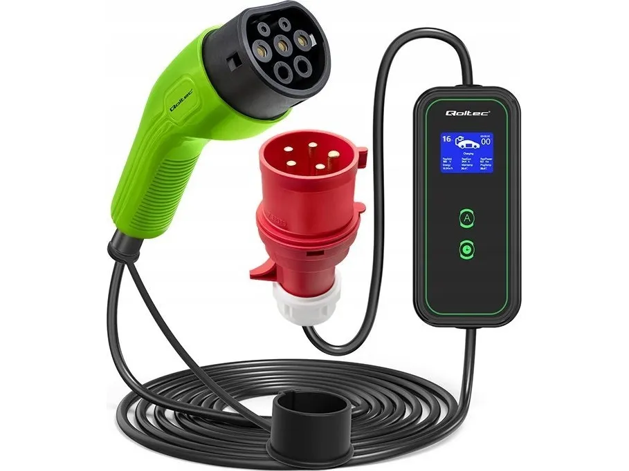 Qoltec mobil EV-oplader med justerbar 2in1 Type2 | 11kW | CEE 5 PIN | Wi-fi | LCD | 3 faser | Bærbar | Wallbox | 5m