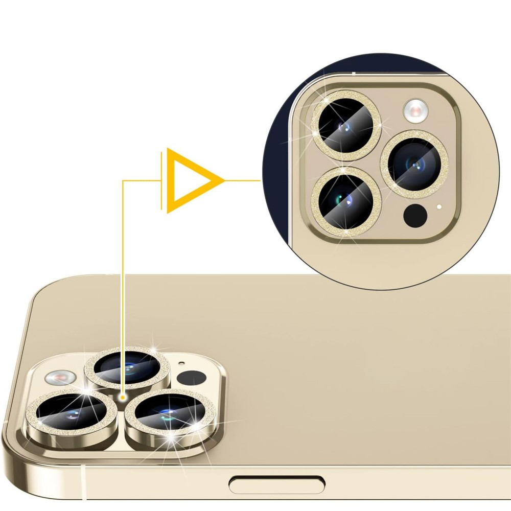 iPhone 15 Pro / iPhone 15 Pro Max Kameraschutz Objektiv Ring Protector Glitzer Staub Abdeckung - Gold
