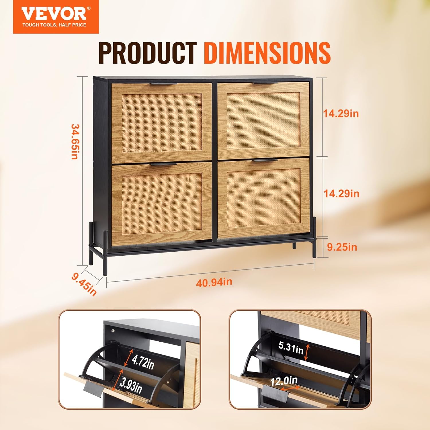 VEVOR Schuhschrank Schuhkommode aus Rattan mit 4 Klappschubladen, Schuhschrank Schuhregal Schuhkipper für den Eingangsbereich mit Metallbeinen, ideal für Eingangsbereich Flur Diele helle Holzfarbe