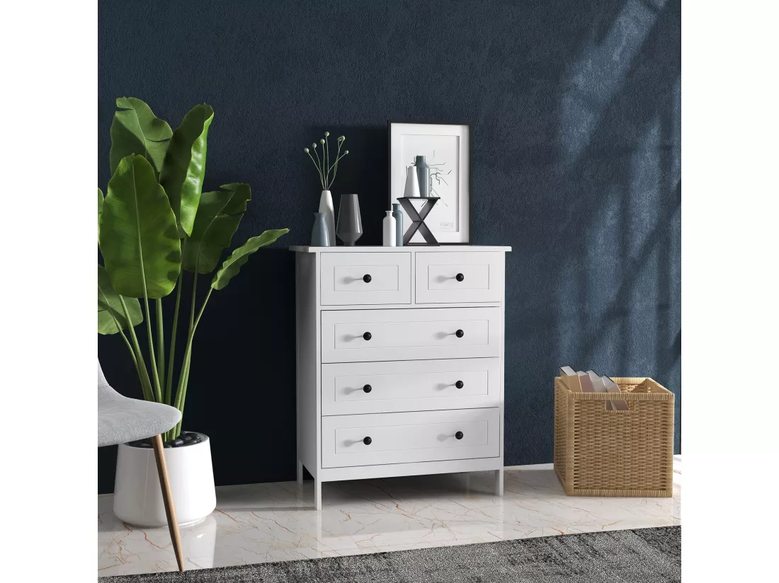 Commode 5 tiroirs style contemporain poignées boutons métal noir MDF panneaux blanc