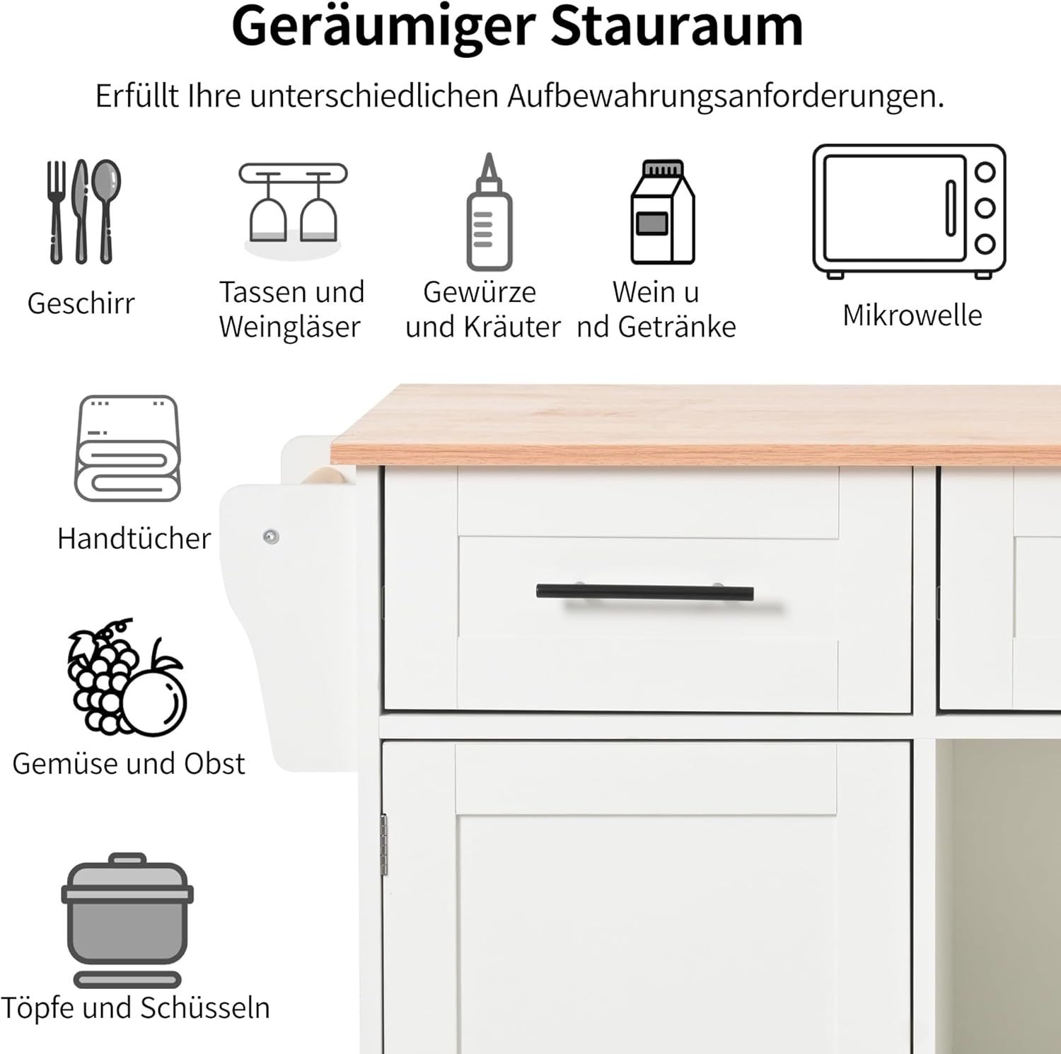 Küchenschrank mit Klappbarer Arbeitsplatte ,Kücheninsel freistehend auf 5 Rollen und 3 Schubladen Mobiler Sideboard Storage küchenschränke für Küche und Esszimmer 139x46(71) x91,5 cm(Weiß)