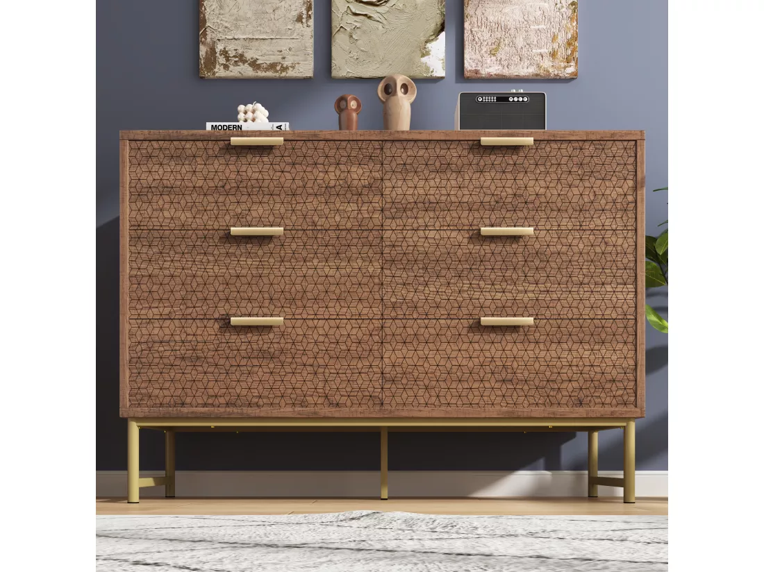 Buffet effet bois noyer 6 tiroirs en relief et poignées pieds dorés 120x40x75cm ZINS