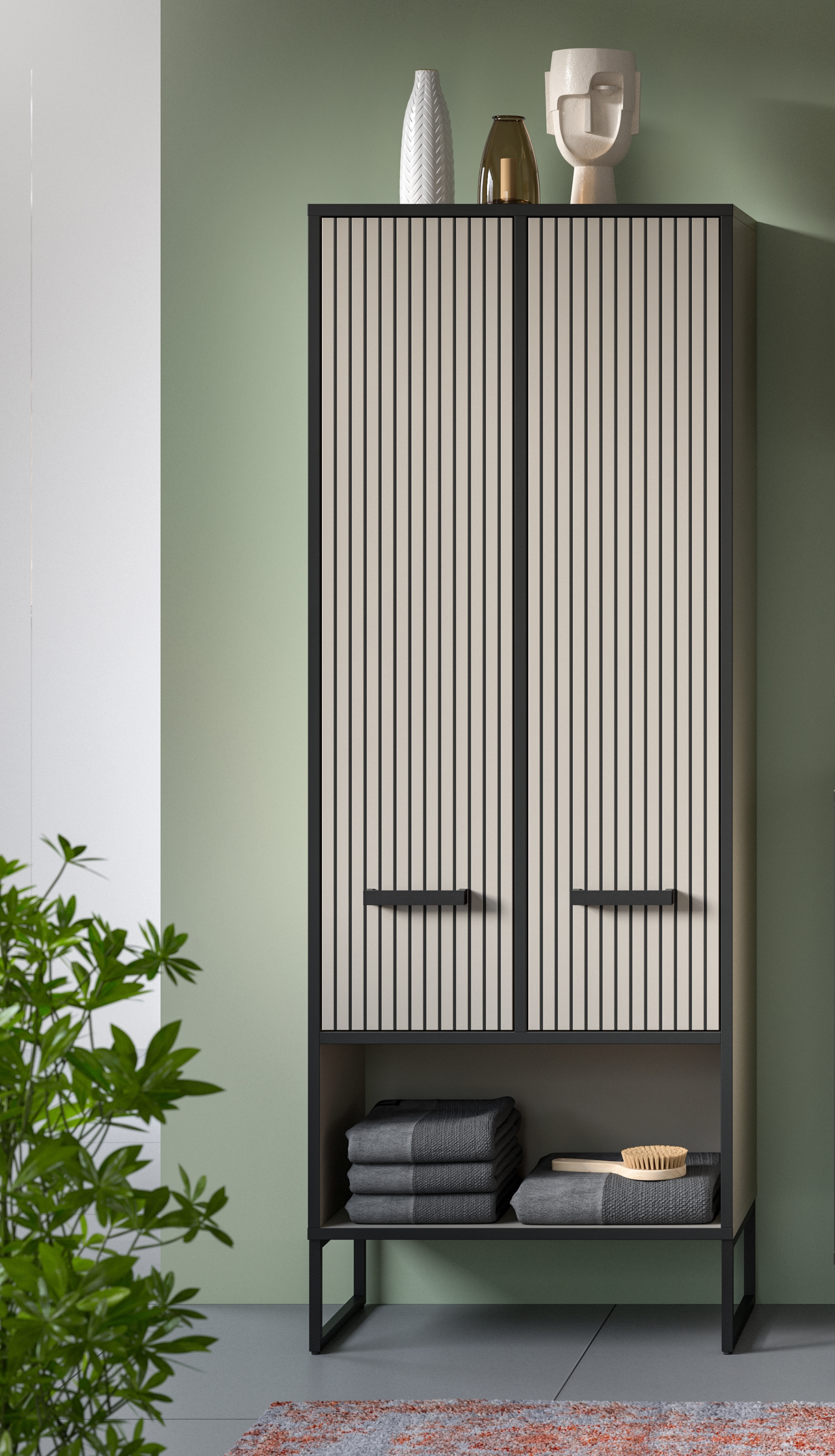 welltime Hochschrank »Locri, Höhe 159 cm, Rillenoptik, Metallkufen« 1 Stk. tlg. variable Einlegeböden, modernes Design, Badschrank, Bad