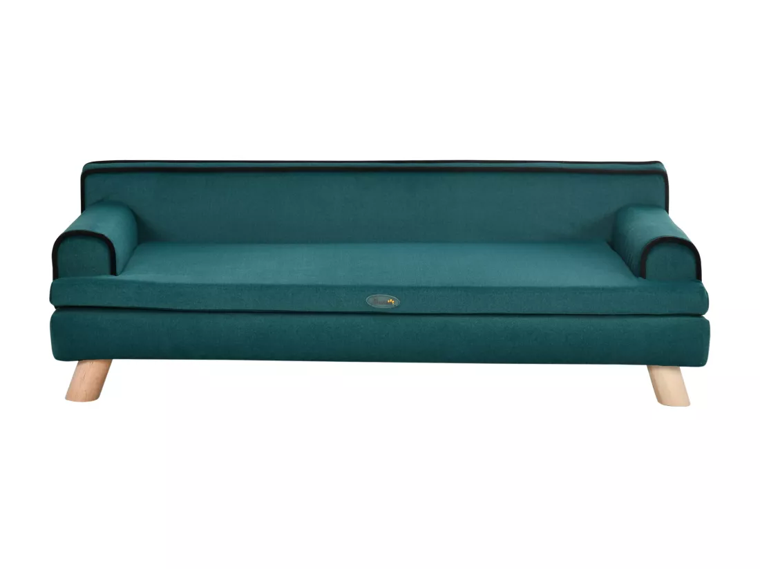 Canapé chien lit pour chien design scandinave coussin moelleux piètement bois dim. 100L x 62l x 32H cm polyester bleu canard