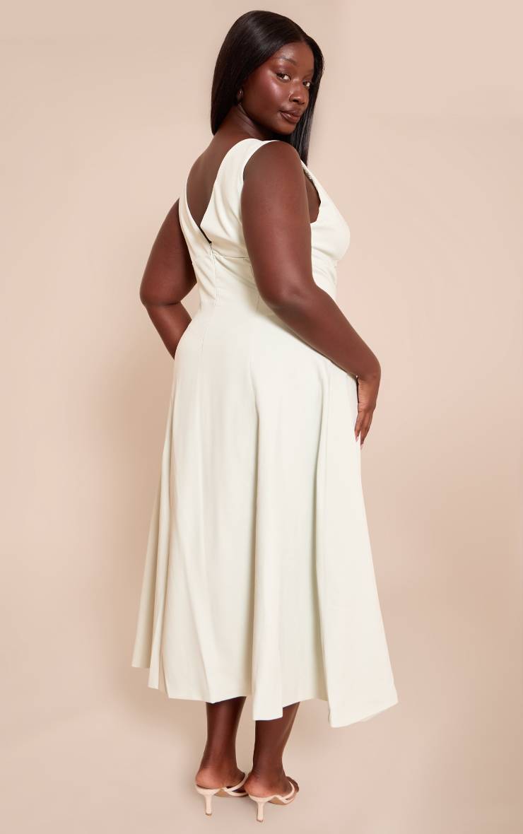 Vert Sauge Robe Mi-longue Cintrée Tissée À Décolleté Plongeant Et Boutonnage Grande Taille