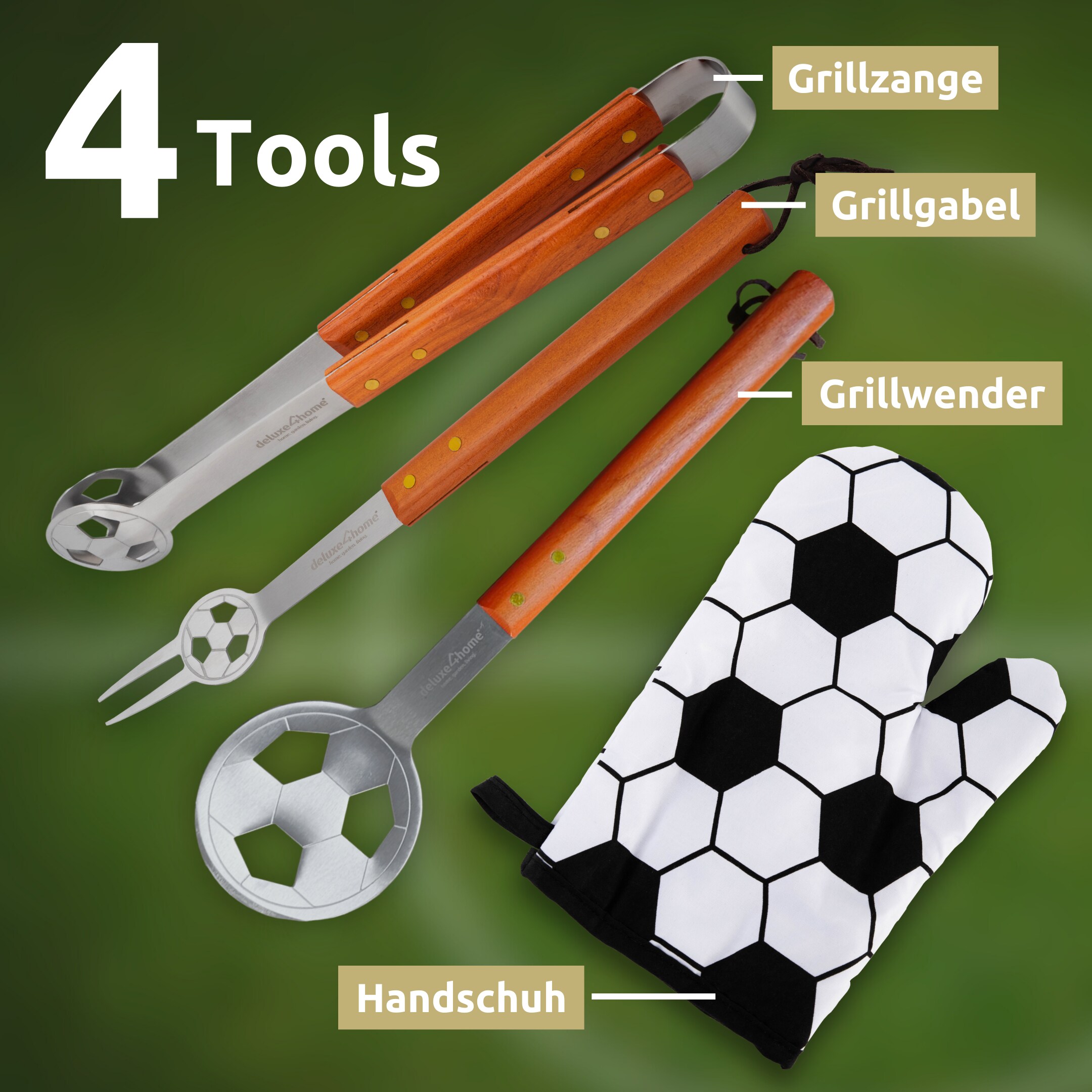 deluxe4home® Grillset: Grillgabel, Grillzange, Grillwender und Grillhandschuh