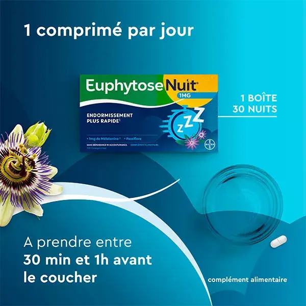 Euphytose Nuit® Sommeil Mélatonine 1MG et Passiflore 30 Comprimés