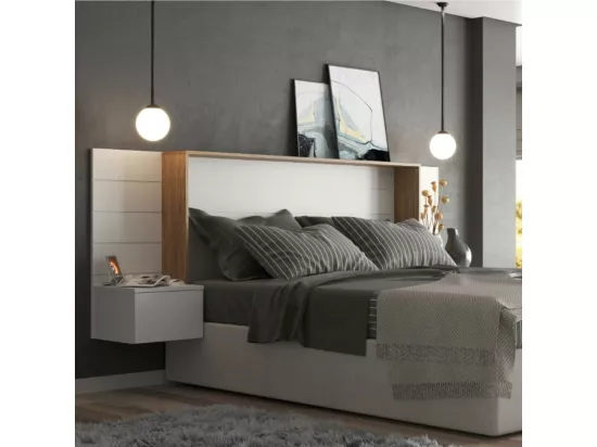 Tête de lit avec chevets 160 cm panneaux de fibres blanc et bois FARO