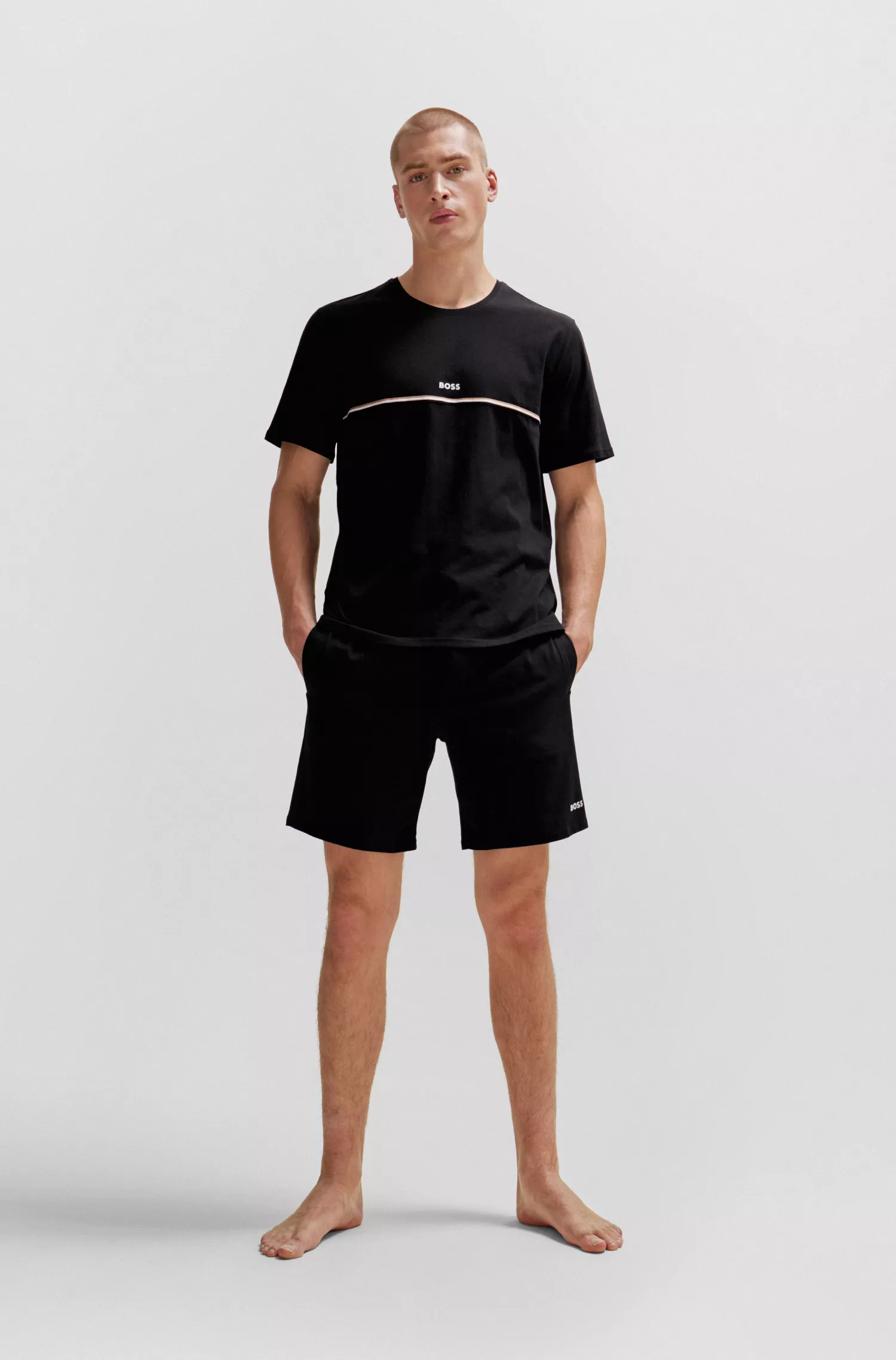 Shorts de pijama BOSS em algodão stretch preto com estampa do logotipo