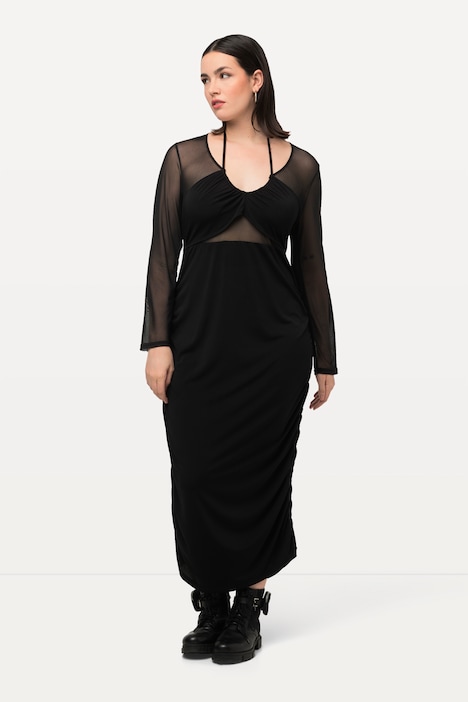 Maxikleid, Mesheinsatz, Slim, V-Ausschnitt, Langarm
