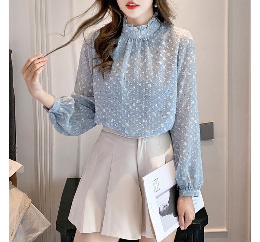 Everose - Blouse met lange mouwen, col, bloemenprint, volantrand en textuur
