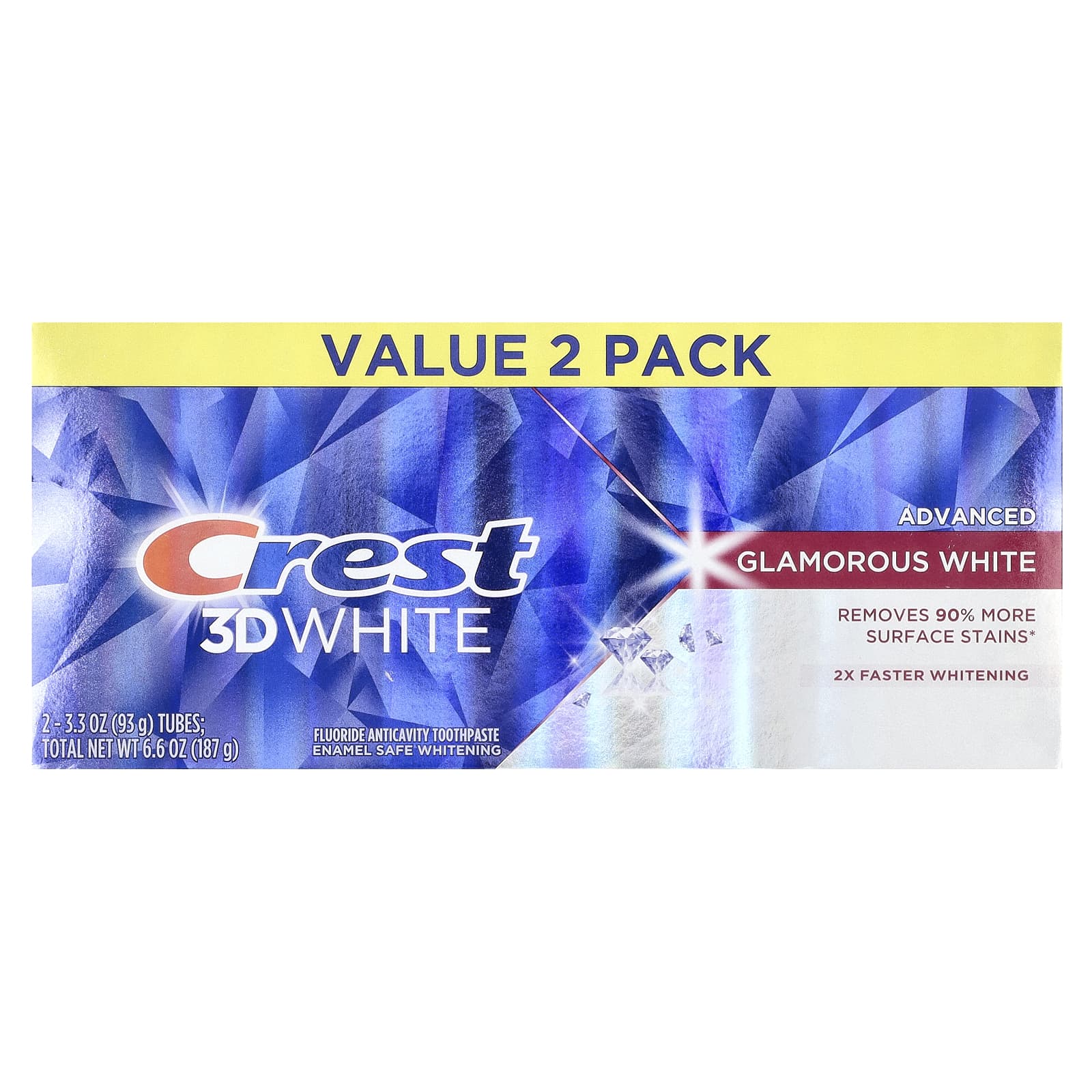 Crest, 3D White, fluoride tandpasta tegen gaatjes, Advanced, Glamorous White, 2 tubes, elk 93 g