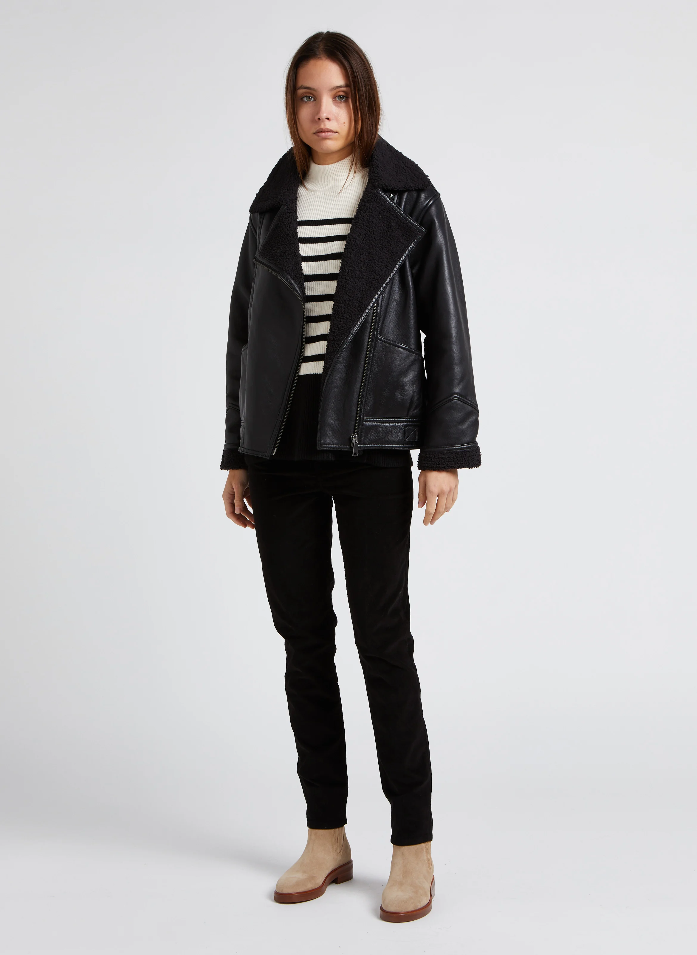FOLIO - Manteau droit col classique en cuir | Noir