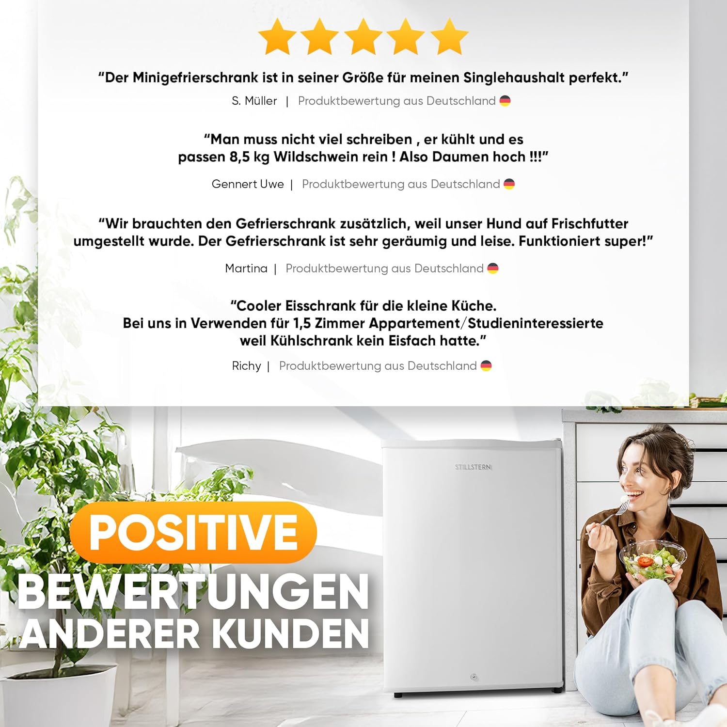 Stillstern Mini Gefrierschrank (42L) -18°C, Eiswürfelschale, Schloss, Türanschlag wechselbar, 4-Sterne Tiefkühlschrank für Camping/Büro Gefriertruhe Klein Gefrierschrank Klein Tiefkühltruhe Weiß