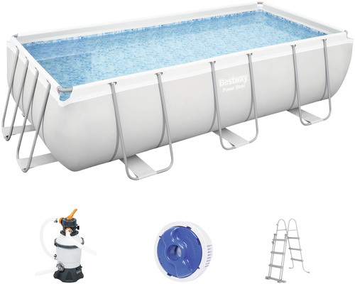 Bovengrondse frame zwembadset Bestway Power Steel™ rechthoekig 404 x 201 x 100 cm incl. zandfiltersysteem & ladder grijs