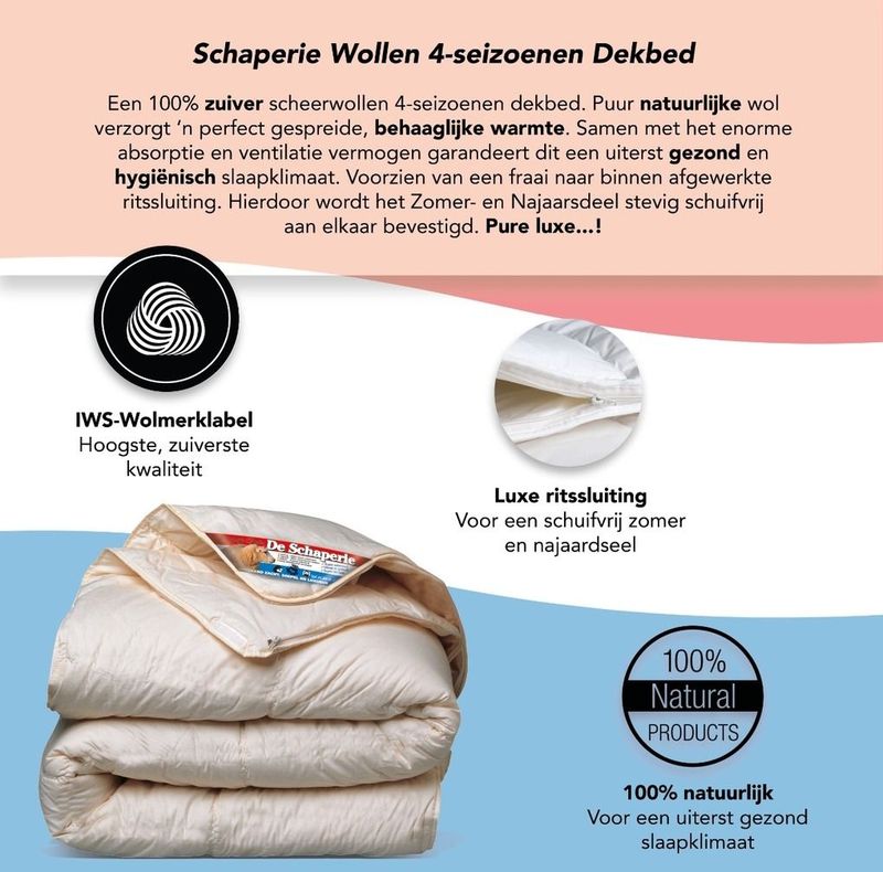 De Schaperie | Luxe 4-Seizoenen 100% IWS Zuiver Scheer wollen Dekbed met Rits | All-Season | 140x220 cm (extra lang)