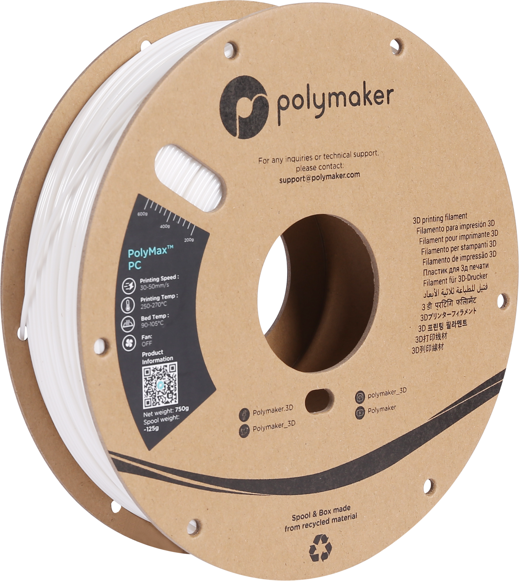 Polymaker  Polymax PC Weiß, 1,75 mm / 750 g    Das optimierte Polycarbonat mit den besten Eigenschaften in Weiß
