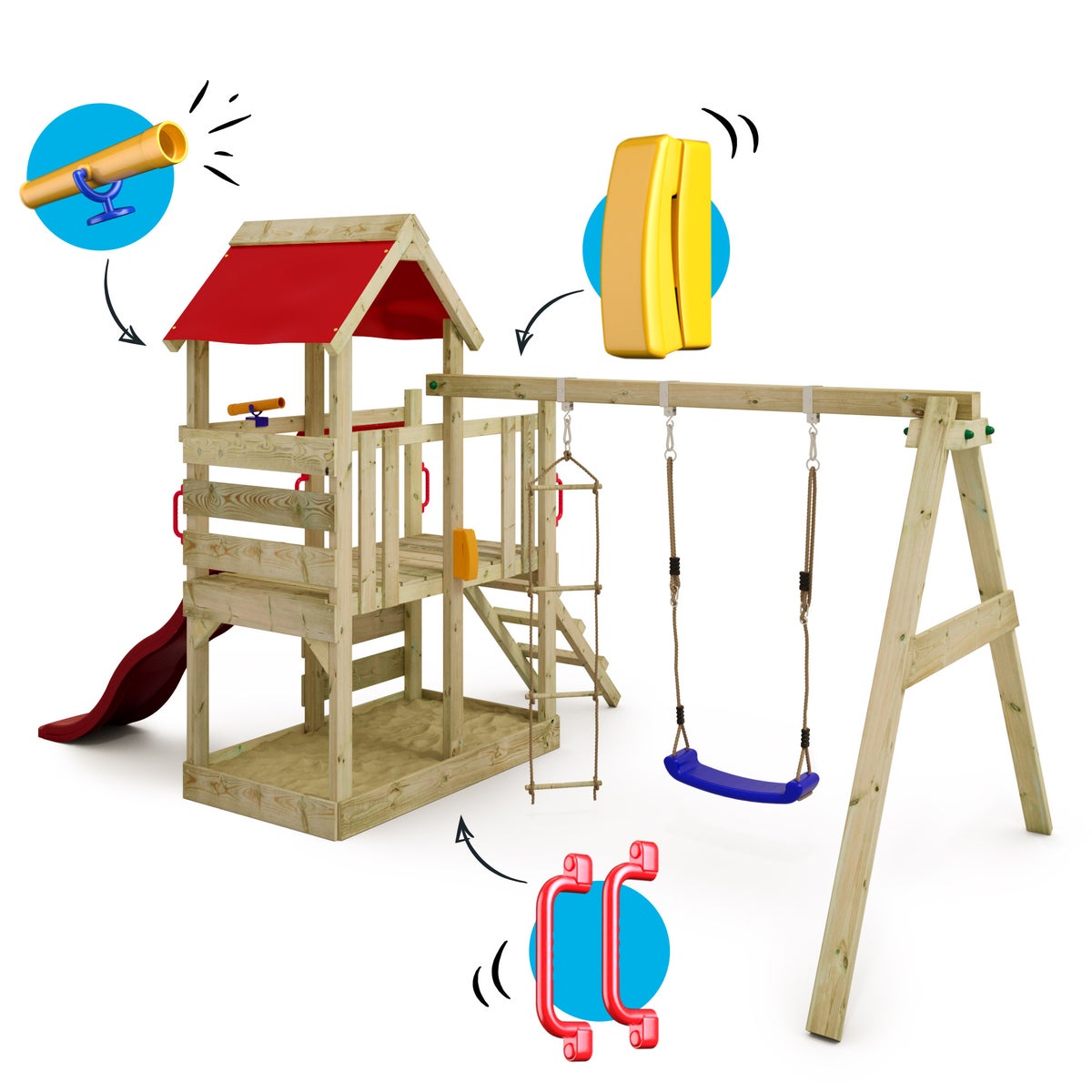 WICKEY TurboFlyer speeltoren klimtoestel met schommel en glijbaan, klimtoren met zandbak, ladder en speeltoebehoren - rood