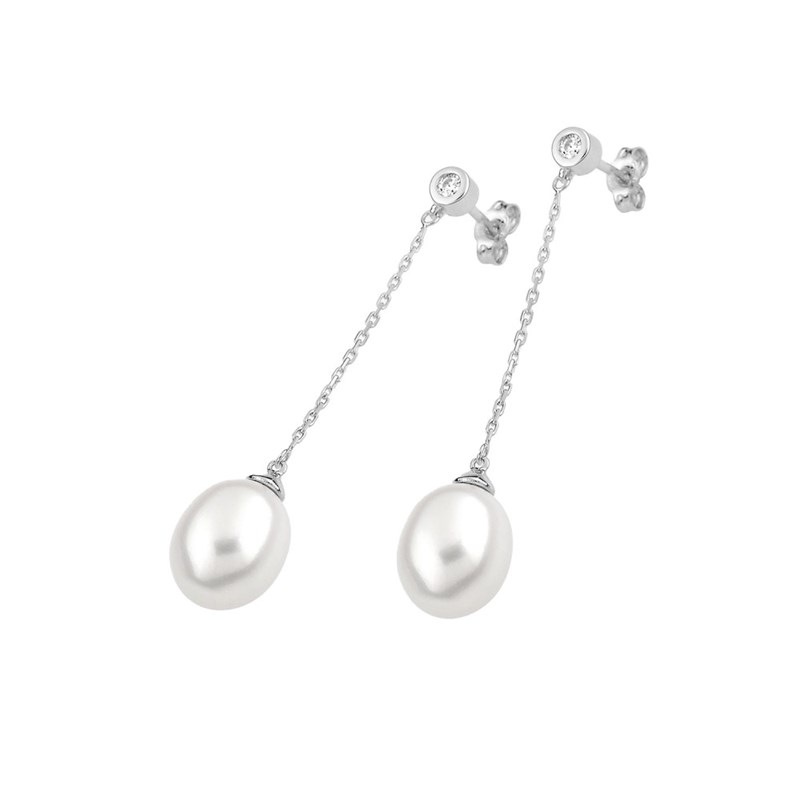 Boucles d'oreilles pendantes Femme - Or 18 Carats - Perle et Diamant 0,07 Carats