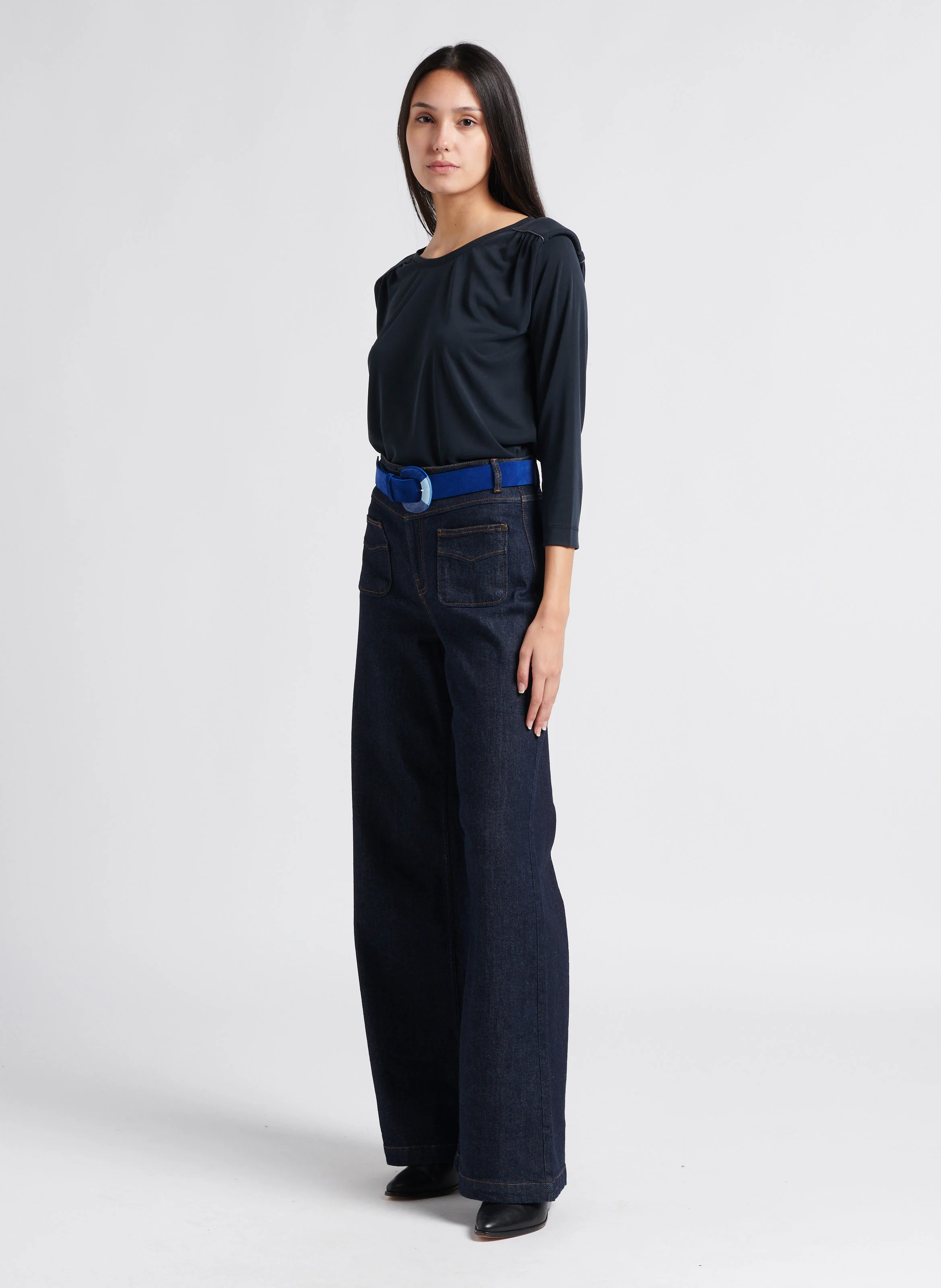 LE HAILEY - Jean large taille haute en coton stretch | Bleu
