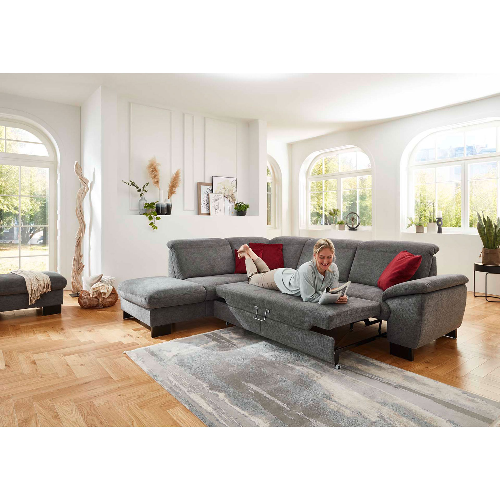polsterpower Ecksofa - anthrazit - mit Funktionen - Anstellhocker links