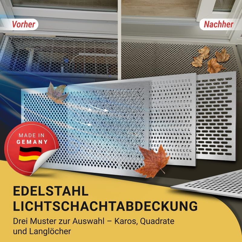 Lichtschachtabdeckung Edelstahl – Mit Insektenschutz - Verschiedene Muster - Rostfrei & langlebig – Begehbar – Einfache Montage – Hochwertiges Design & Funktion – Made in Germany