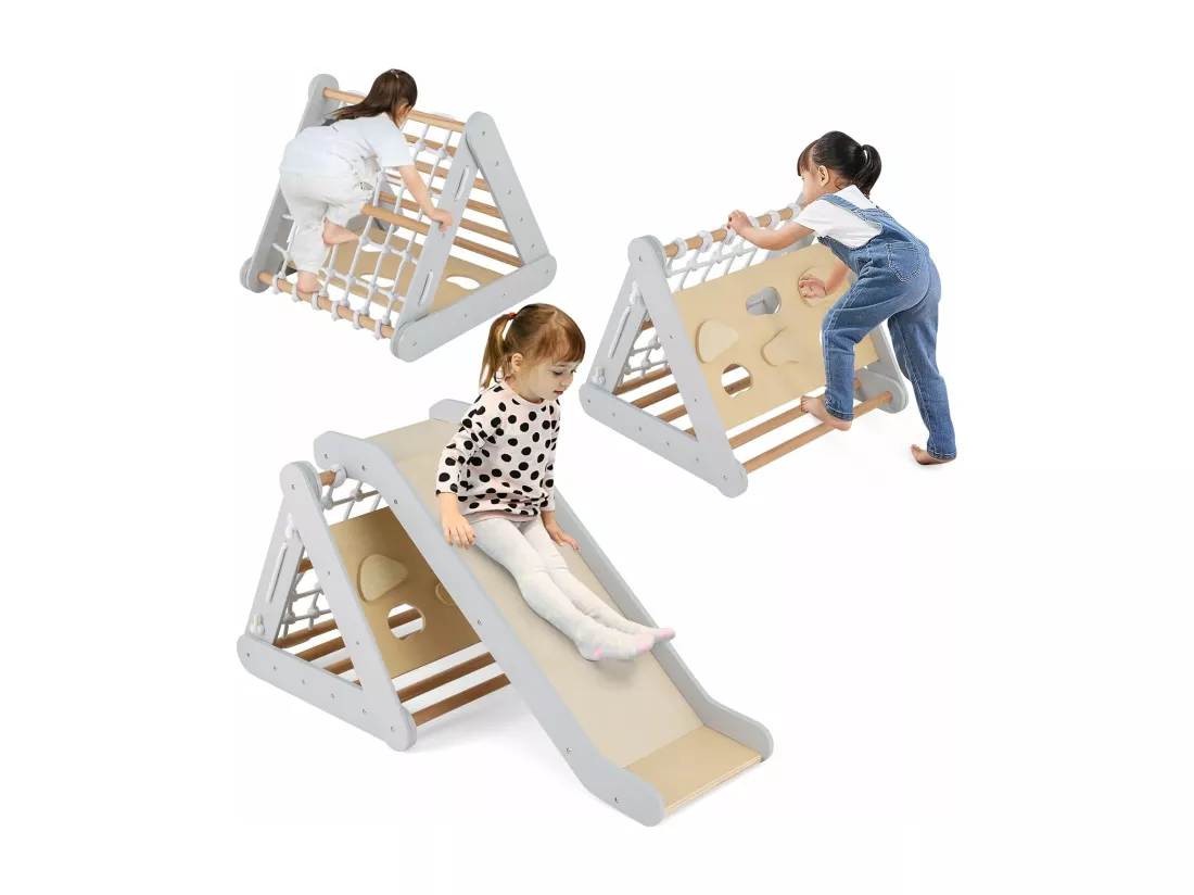 4 en 1 Triangle d'escalade Montessori Enfant avec Toboggan, Echelle d'escalade en Bois avec Filet, Inclinaison Réglable, Intérieur, Charge 60kg pour Enfants de 1 an+
