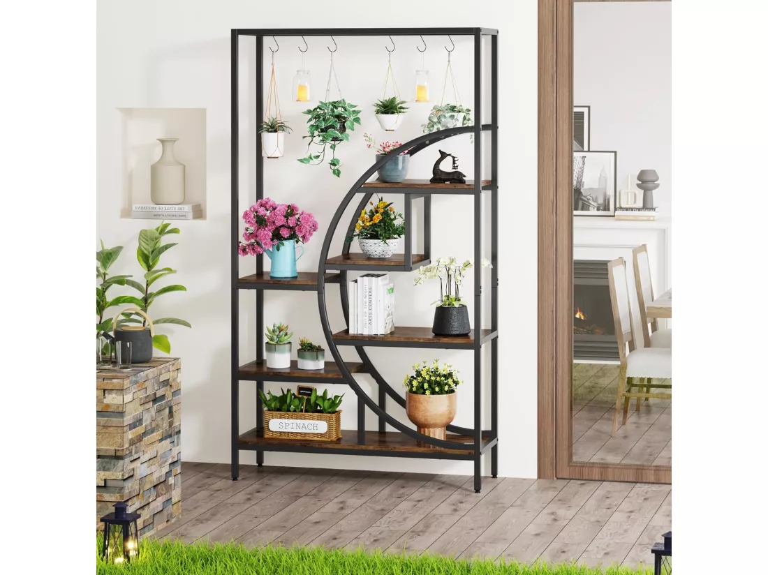 Support pour plantes d'intérieur à 7 niveaux, étagère pour plantes en forme de demi-lune de 180 cm avec 6 crochets de suspension en S, 1pc