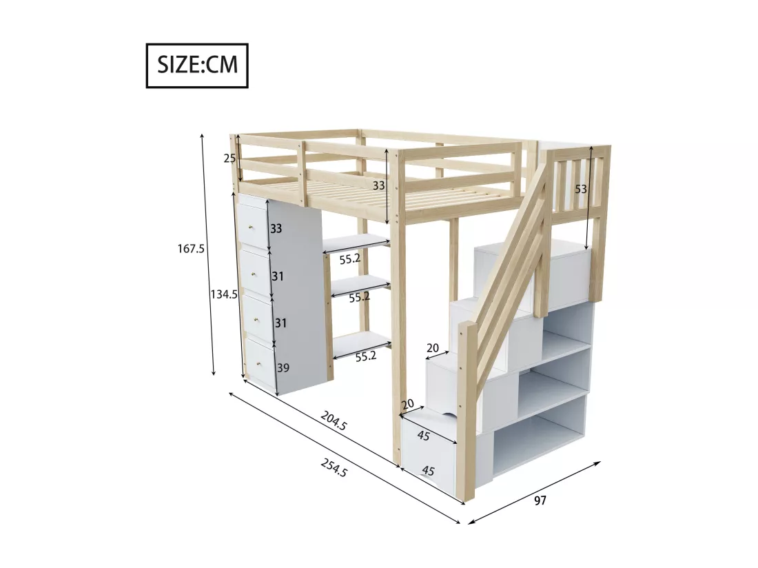 Lit mezzanine 90x200cm en bois massif - avec 4 tiroirs et escalier de rangement - Naturel (matelas non inclus)