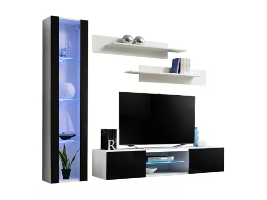 Ensemble Meuble TV FLY R2 – Blanc et Noir – LED intégré – Meuble suspendu design