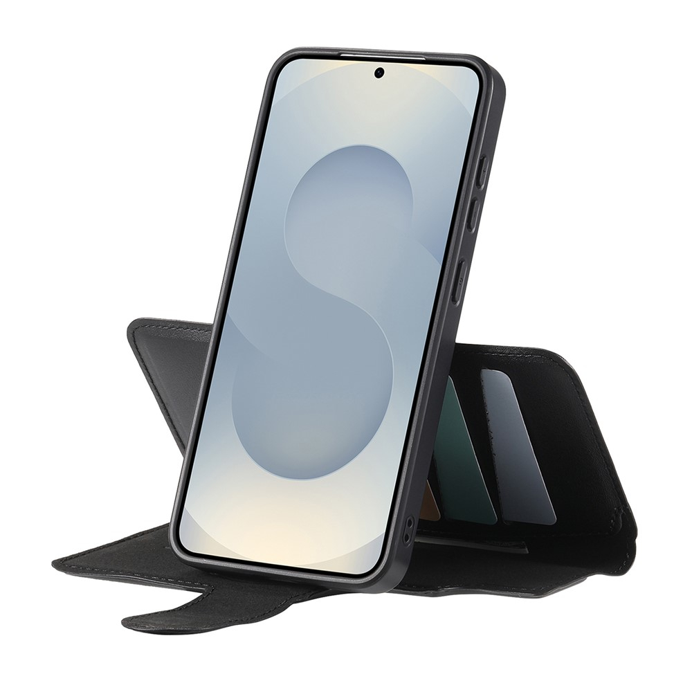Samsung Galaxy S25 Leder Case Schutzhülle mit Finger Griff Halterung   Abnehmbare Tasche inkl. Kartenfächer MagSafe-Modul (RFID Schutz) - Schwarz