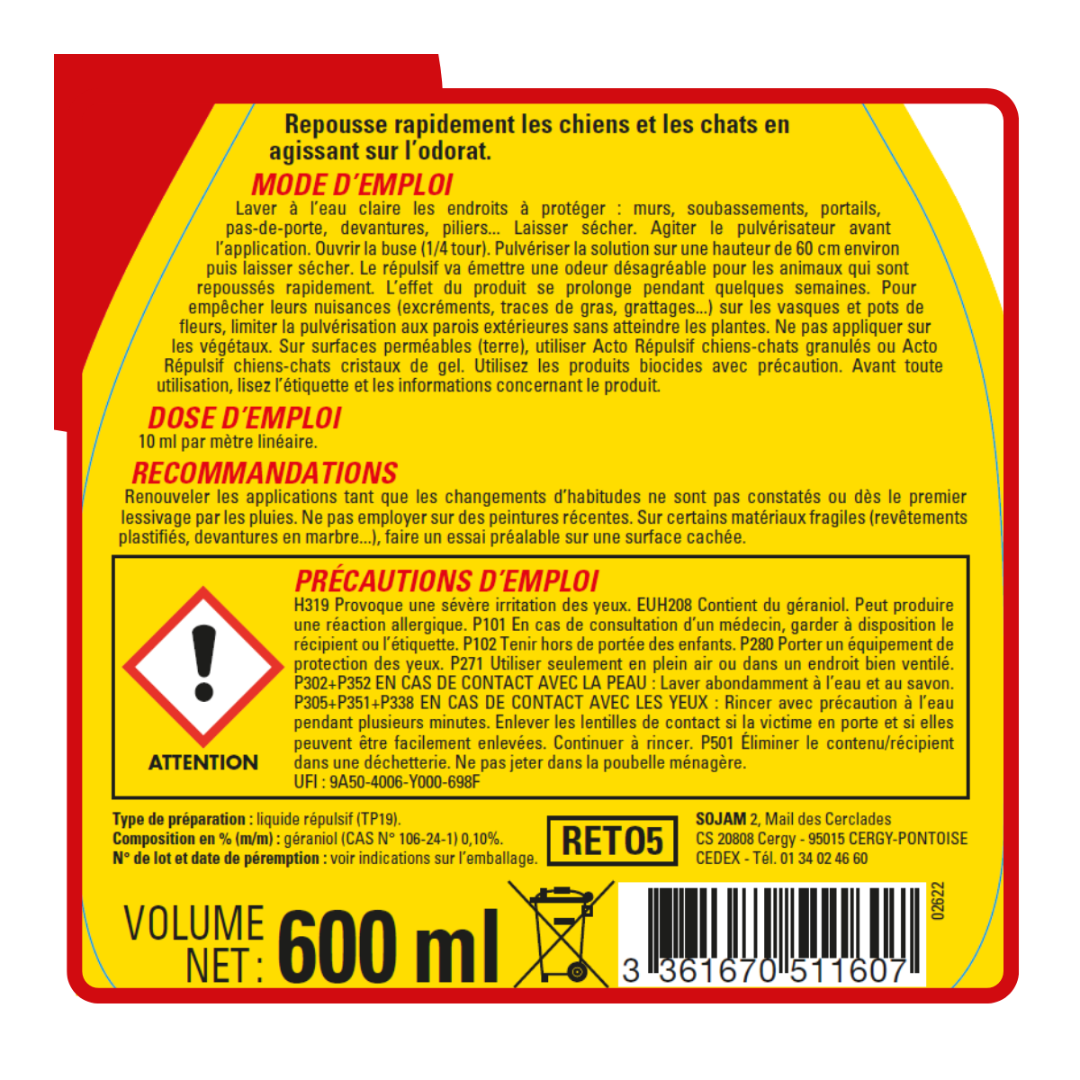 Acto chiens – chats liquide répulsif - pulverisateur de 600ml