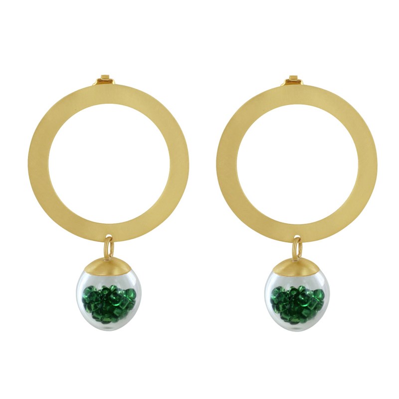 Boucles d'Oreilles Anneau Laiton Bulle Pâte de Verre et Perles