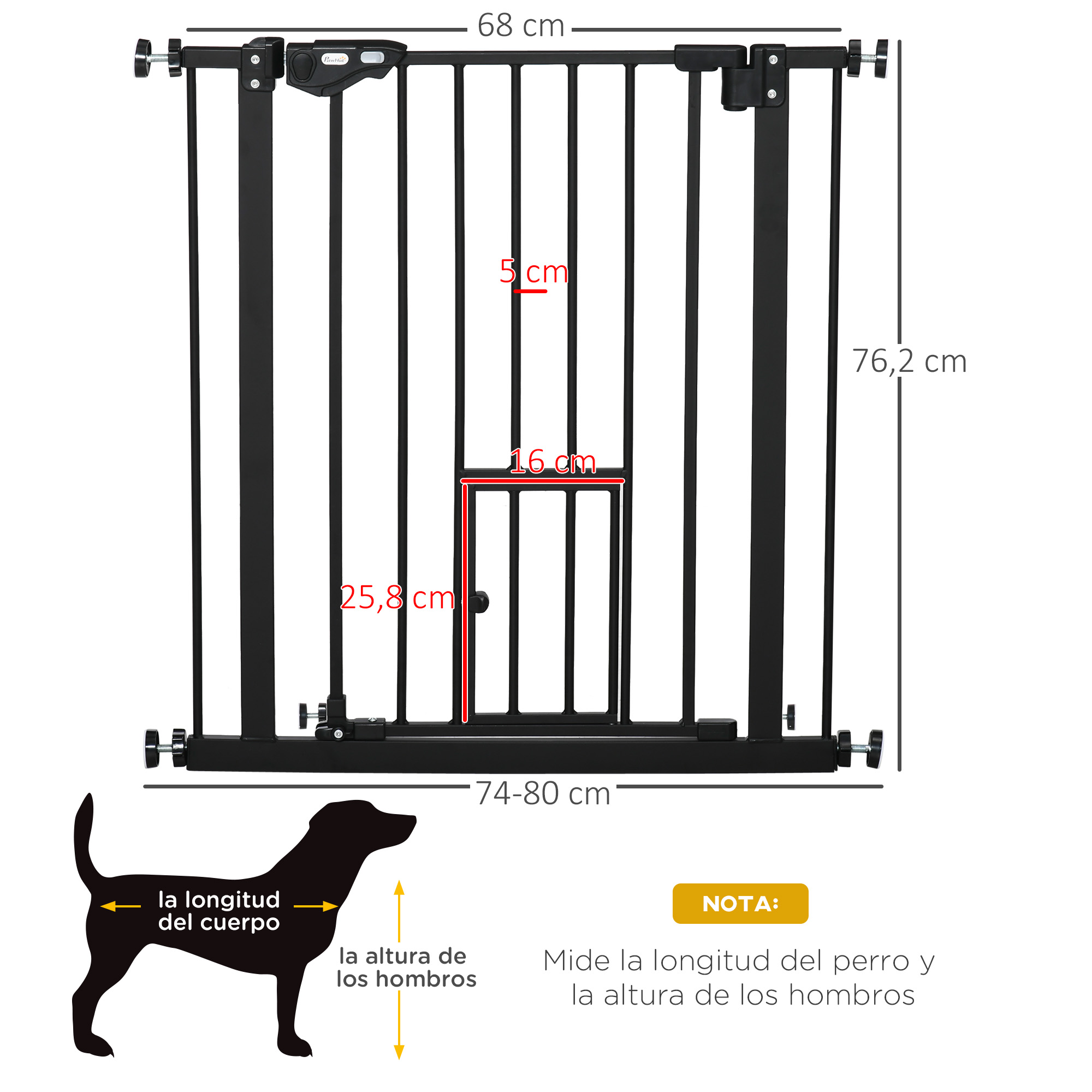 Portão de segurança para cães PawHut, extensível, com portão, pequeno, fechamento automático e sistema de trava dupla para portas, corredores e escadas, 74-80 x 76,2 cm, preto.